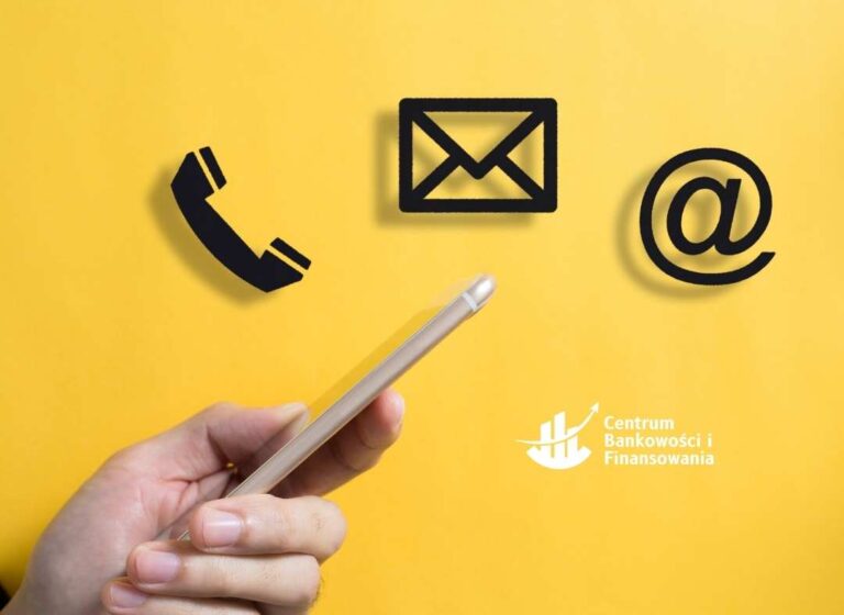 Telefon oraz symbole połączenia i poczty elektronicznej na żółtym tle z logo CBiF