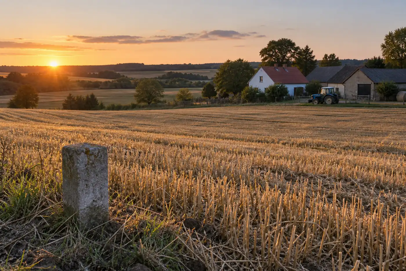 Pole po żniwach z gospodarstwem w tle jako zabezpieczenie pożyczki pod zastaw ziemi rolnej